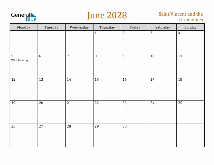 June 2028 Holiday Calendar with Monday Start