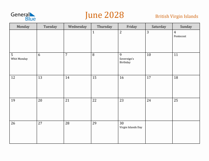 June 2028 Holiday Calendar with Monday Start