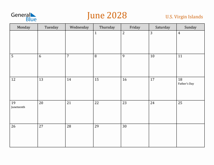 June 2028 Holiday Calendar with Monday Start