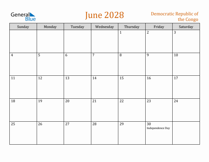 June 2028 Holiday Calendar with Sunday Start