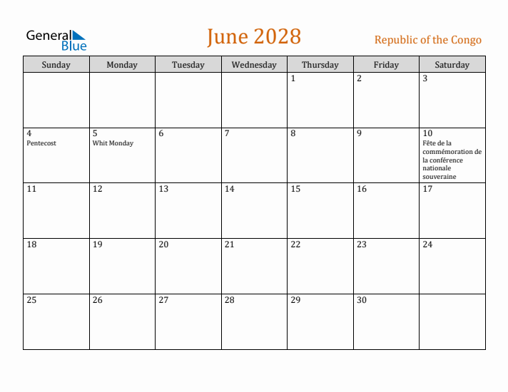 June 2028 Holiday Calendar with Sunday Start