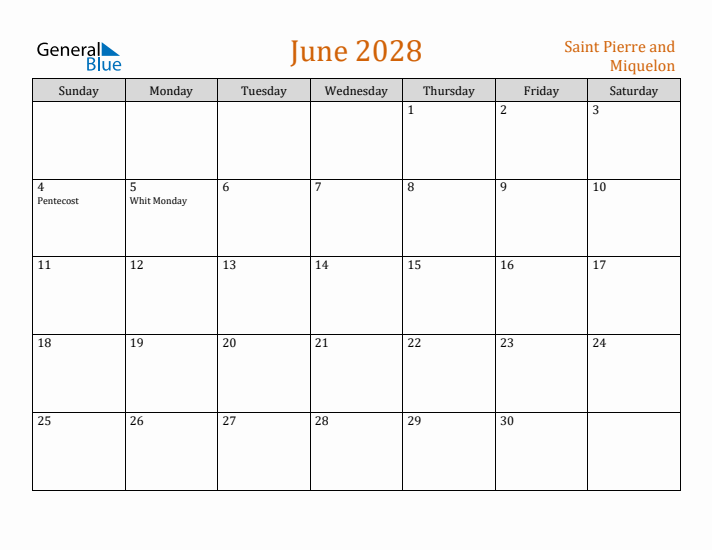June 2028 Holiday Calendar with Sunday Start