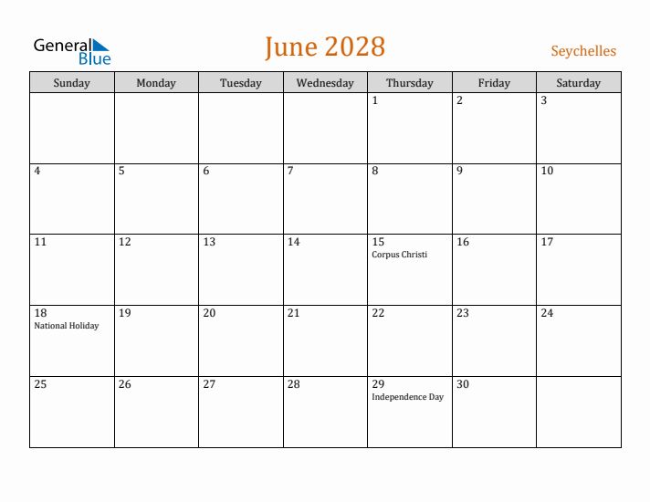 June 2028 Holiday Calendar with Sunday Start
