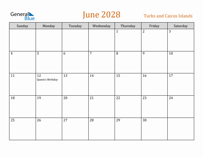 June 2028 Holiday Calendar with Sunday Start