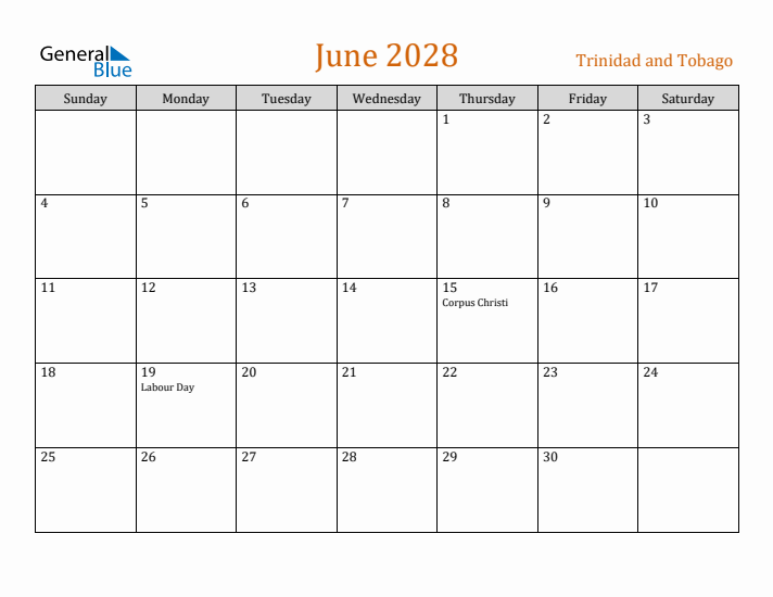 June 2028 Holiday Calendar with Sunday Start