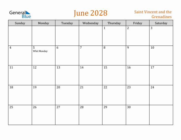 June 2028 Holiday Calendar with Sunday Start