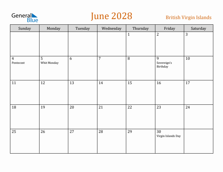 June 2028 Holiday Calendar with Sunday Start