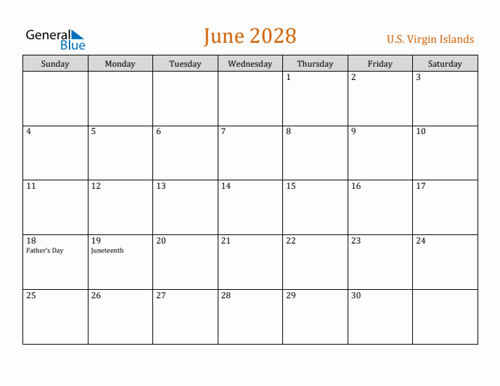 June 2028 Holiday Calendar with Sunday Start