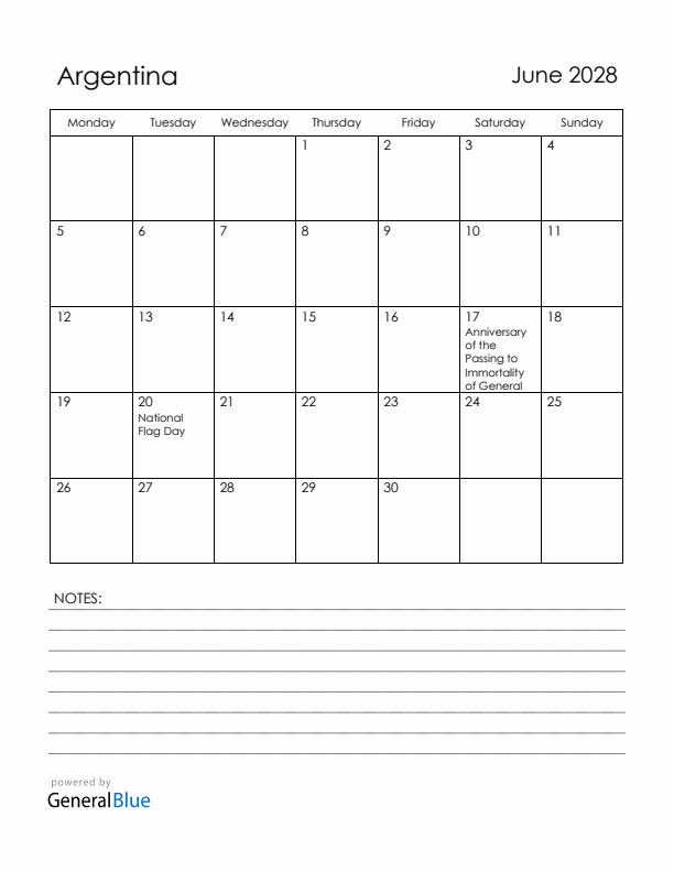 June 2028 Argentina Calendar with Holidays (Monday Start)