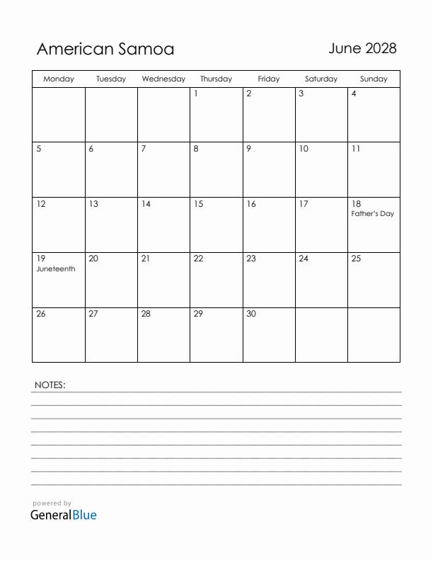 June 2028 American Samoa Calendar with Holidays (Monday Start)