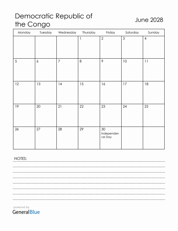 June 2028 Democratic Republic of the Congo Calendar with Holidays (Monday Start)