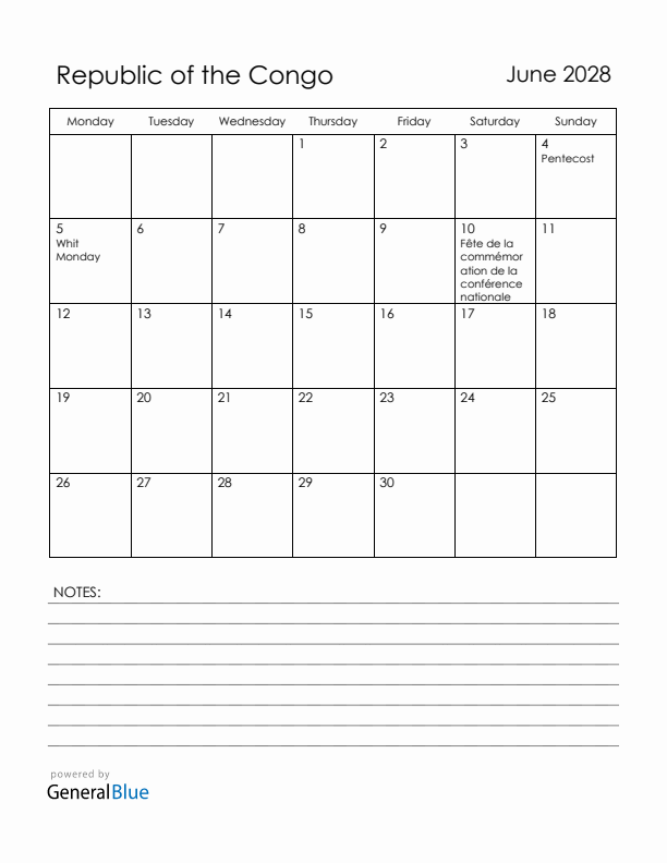June 2028 Republic of the Congo Calendar with Holidays (Monday Start)
