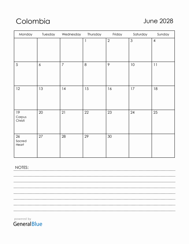 June 2028 Colombia Calendar with Holidays (Monday Start)