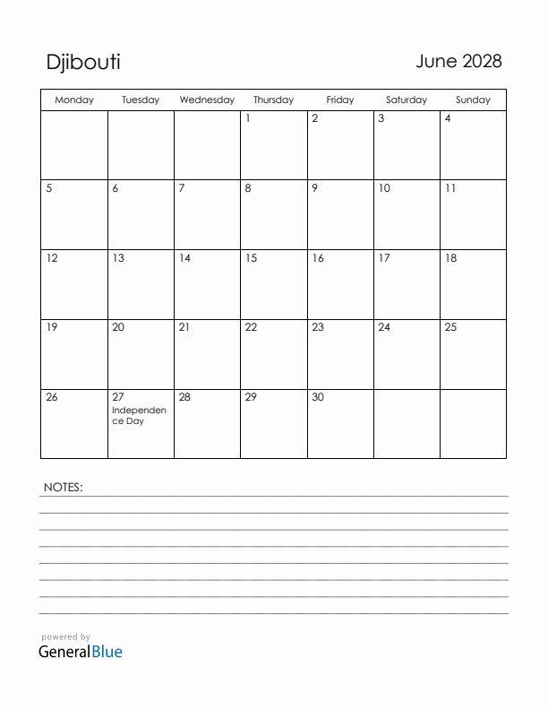 June 2028 Djibouti Calendar with Holidays (Monday Start)