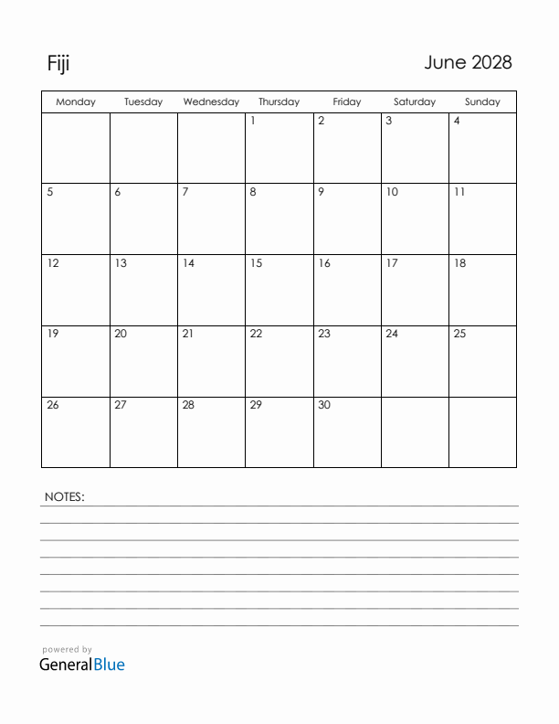 June 2028 Fiji Calendar with Holidays (Monday Start)
