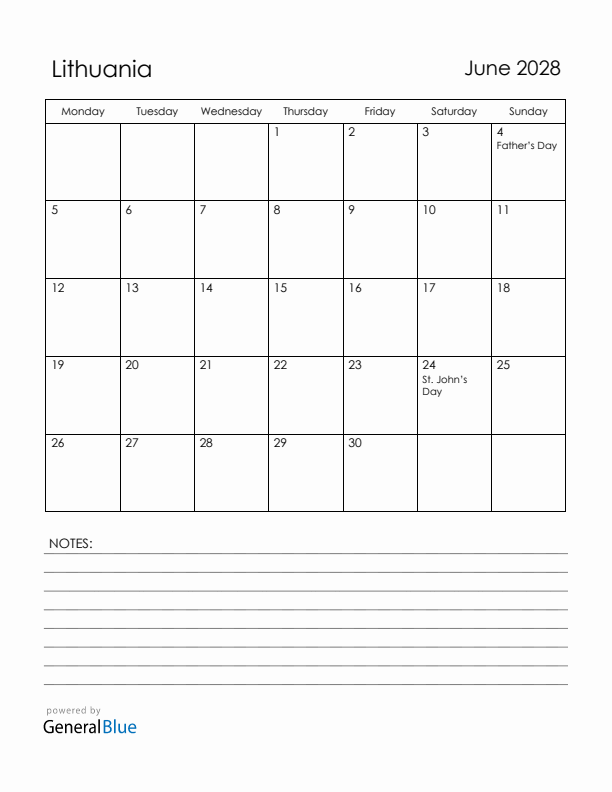 June 2028 Lithuania Calendar with Holidays (Monday Start)