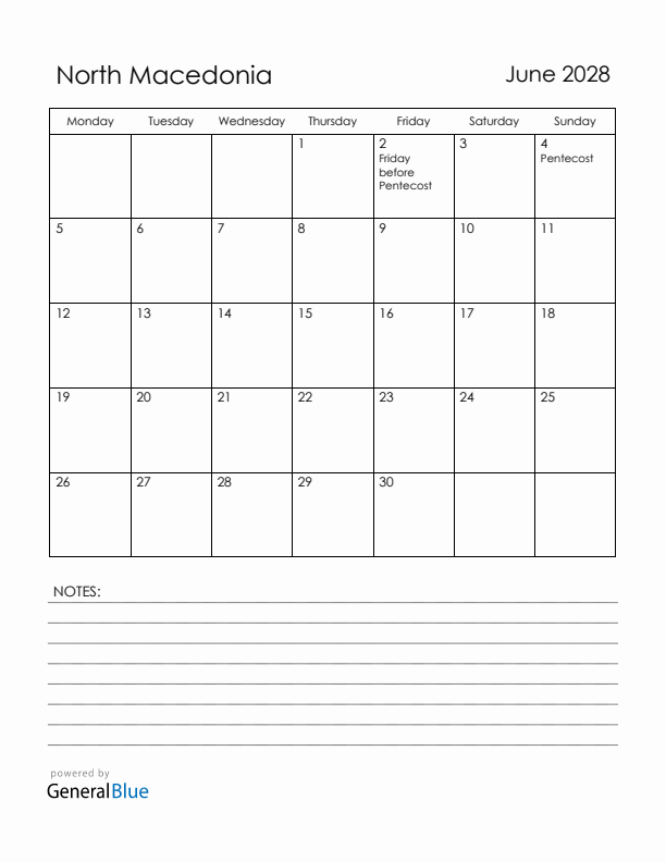 June 2028 North Macedonia Calendar with Holidays (Monday Start)