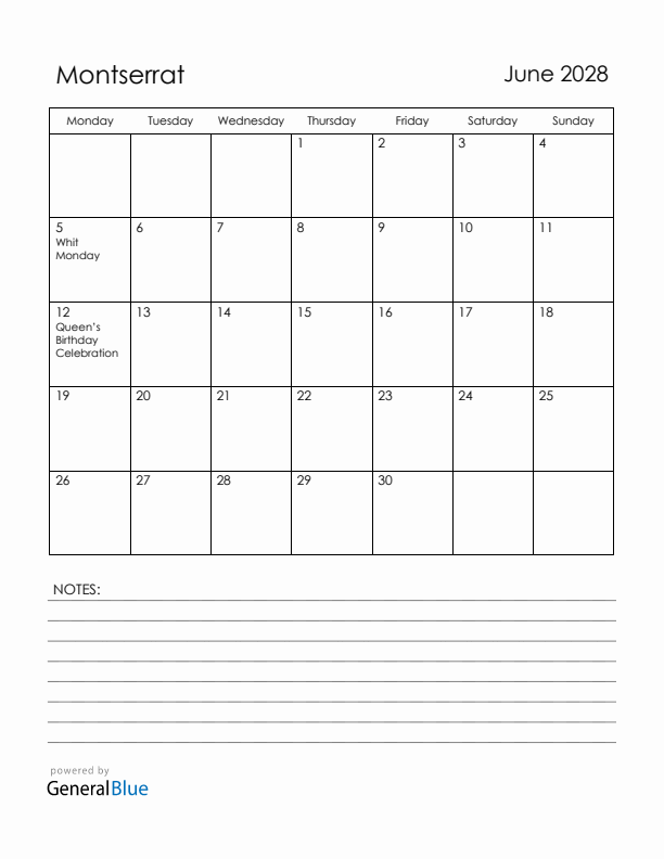 June 2028 Montserrat Calendar with Holidays (Monday Start)