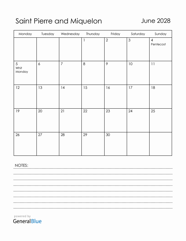 June 2028 Saint Pierre and Miquelon Calendar with Holidays (Monday Start)