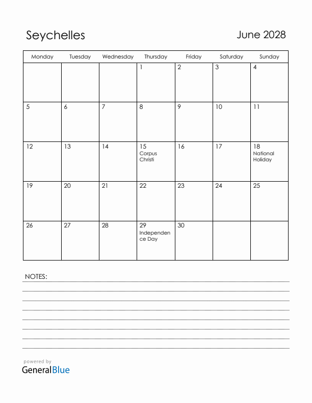 June 2028 Seychelles Calendar with Holidays (Monday Start)