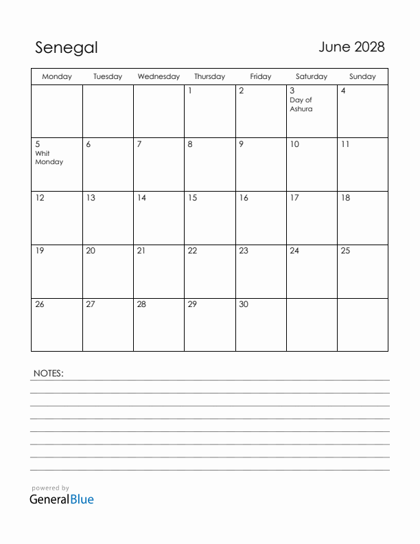 June 2028 Senegal Calendar with Holidays (Monday Start)