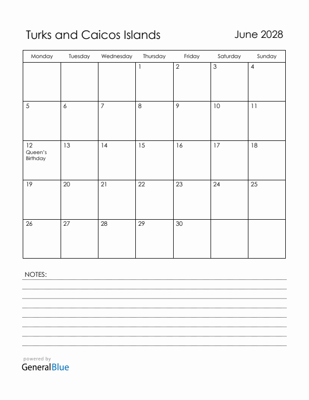 June 2028 Turks and Caicos Islands Calendar with Holidays (Monday Start)