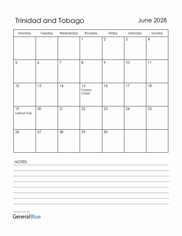 June 2028 Trinidad and Tobago Calendar with Holidays (Monday Start)