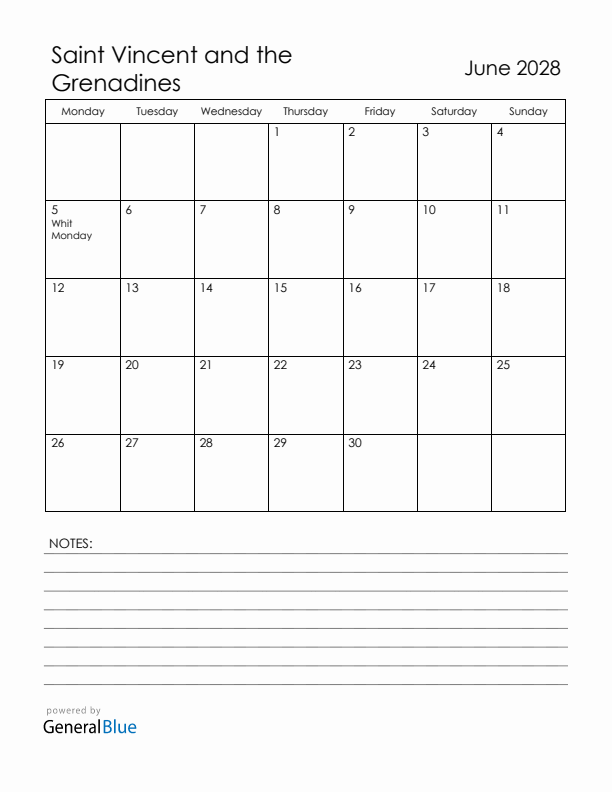 June 2028 Saint Vincent and the Grenadines Calendar with Holidays (Monday Start)