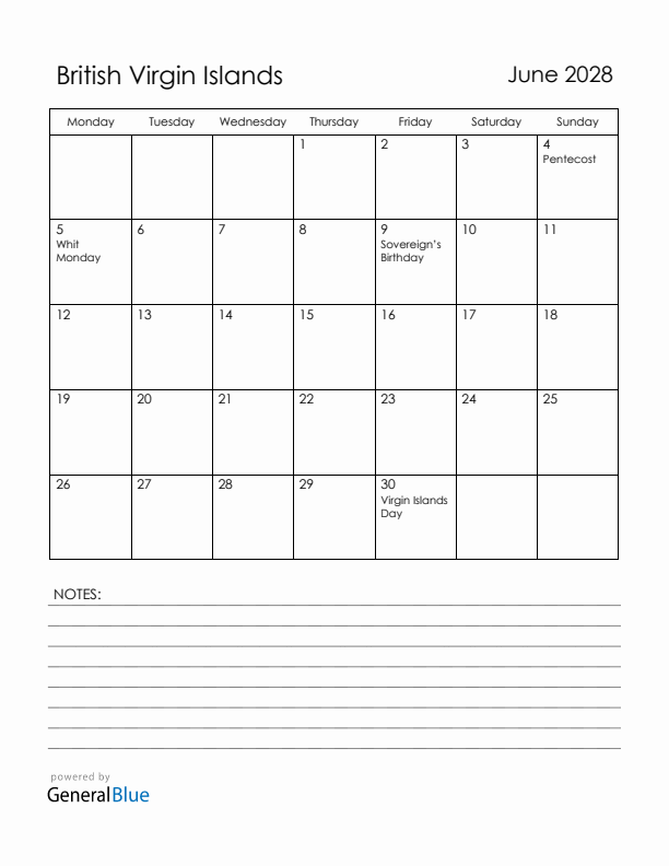 June 2028 British Virgin Islands Calendar with Holidays (Monday Start)