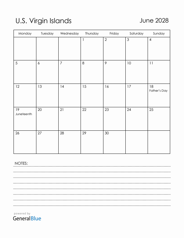 June 2028 U.S. Virgin Islands Calendar with Holidays (Monday Start)