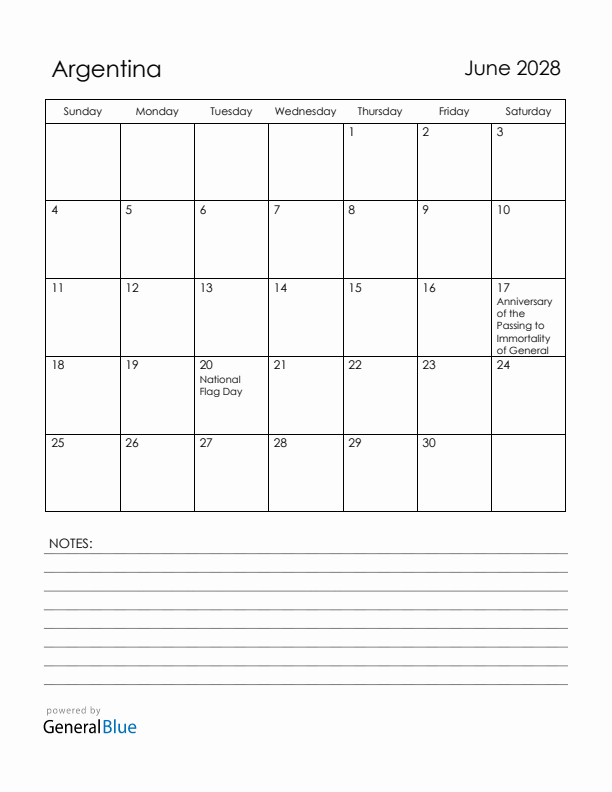 June 2028 Argentina Calendar with Holidays (Sunday Start)