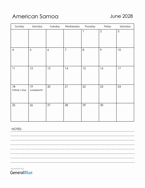 June 2028 American Samoa Calendar with Holidays (Sunday Start)