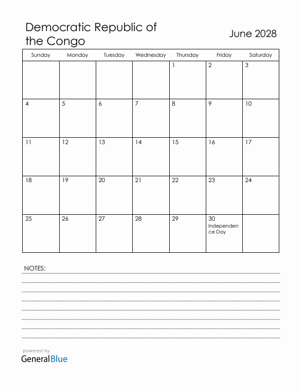 June 2028 Democratic Republic of the Congo Calendar with Holidays (Sunday Start)