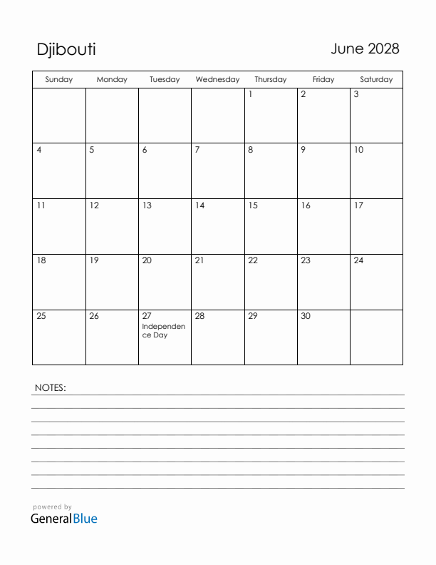 June 2028 Djibouti Calendar with Holidays (Sunday Start)