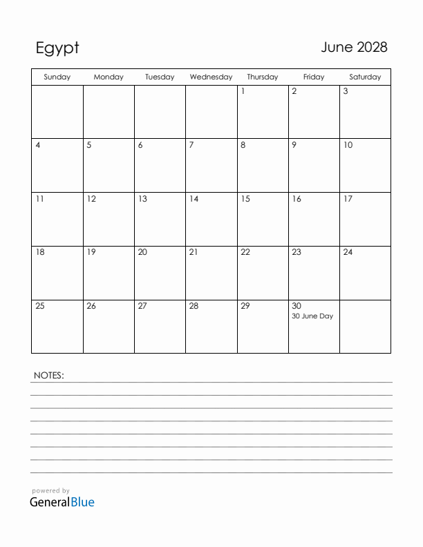 June 2028 Egypt Calendar with Holidays (Sunday Start)