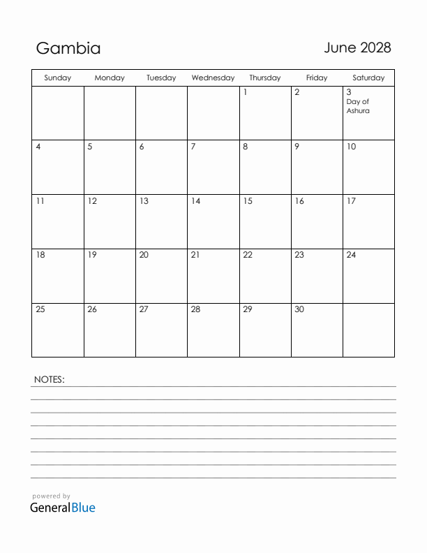June 2028 Gambia Calendar with Holidays (Sunday Start)