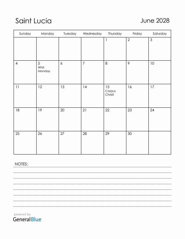 June 2028 Saint Lucia Calendar with Holidays (Sunday Start)