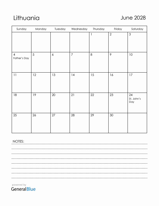 June 2028 Lithuania Calendar with Holidays (Sunday Start)