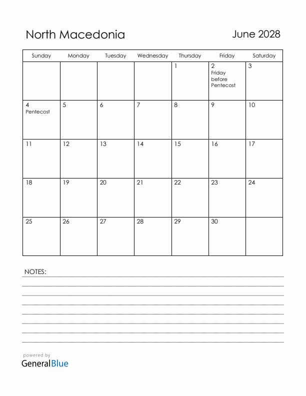 June 2028 North Macedonia Calendar with Holidays (Sunday Start)