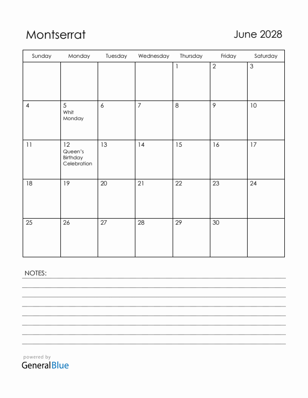 June 2028 Montserrat Calendar with Holidays (Sunday Start)