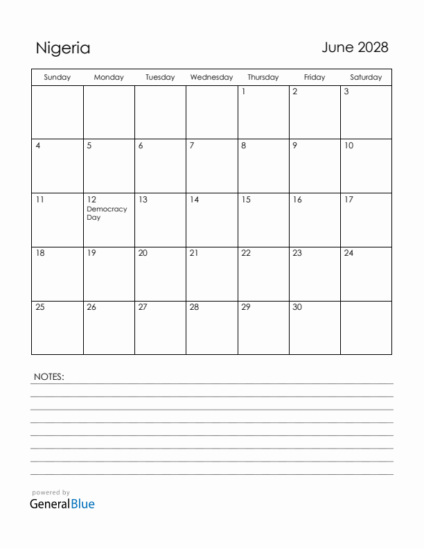 June 2028 Nigeria Calendar with Holidays (Sunday Start)