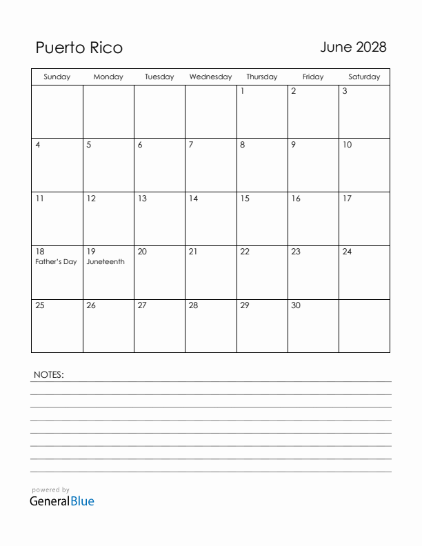 June 2028 Puerto Rico Calendar with Holidays (Sunday Start)