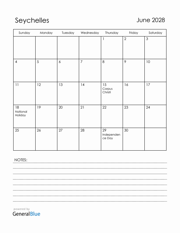 June 2028 Seychelles Calendar with Holidays (Sunday Start)