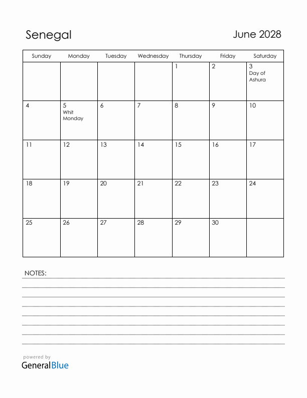 June 2028 Senegal Calendar with Holidays (Sunday Start)