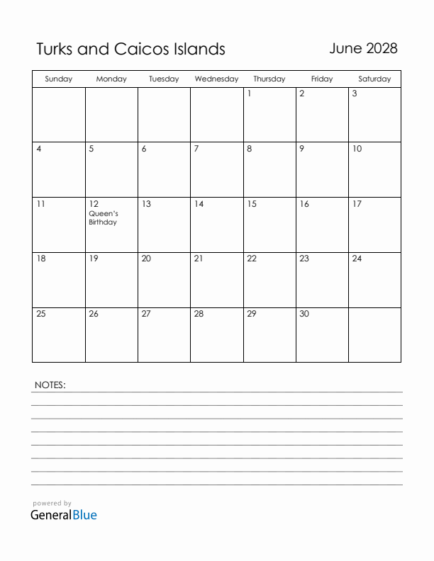 June 2028 Turks and Caicos Islands Calendar with Holidays (Sunday Start)