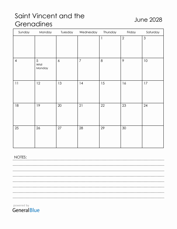 June 2028 Saint Vincent and the Grenadines Calendar with Holidays (Sunday Start)
