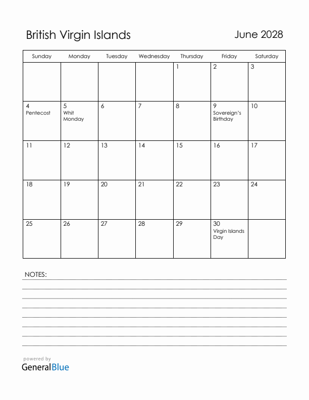 June 2028 British Virgin Islands Calendar with Holidays (Sunday Start)