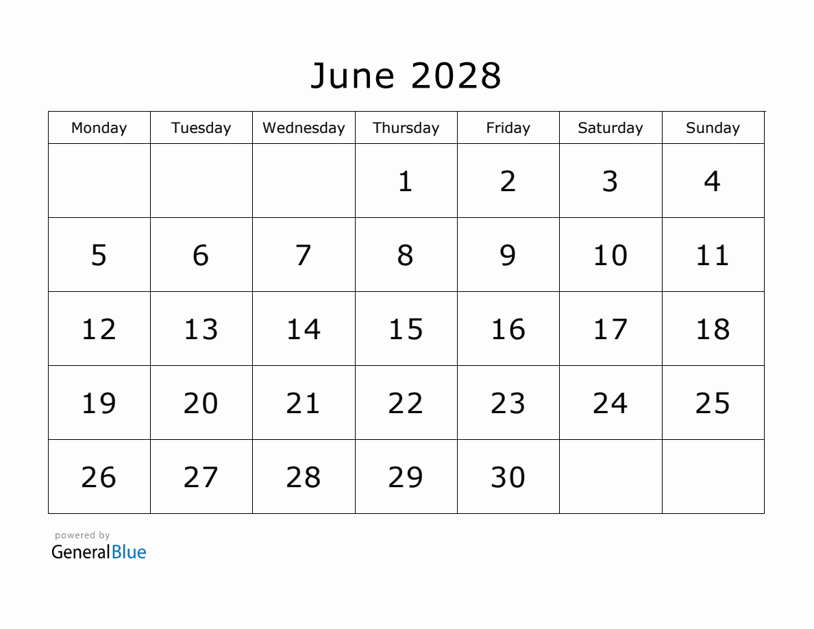 Printable June 2028 Calendar - Monday Start