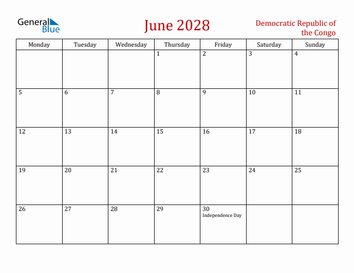 Democratic Republic of the Congo June 2028 Calendar - Monday Start