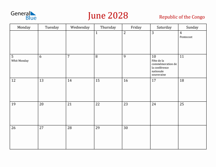 Republic of the Congo June 2028 Calendar - Monday Start